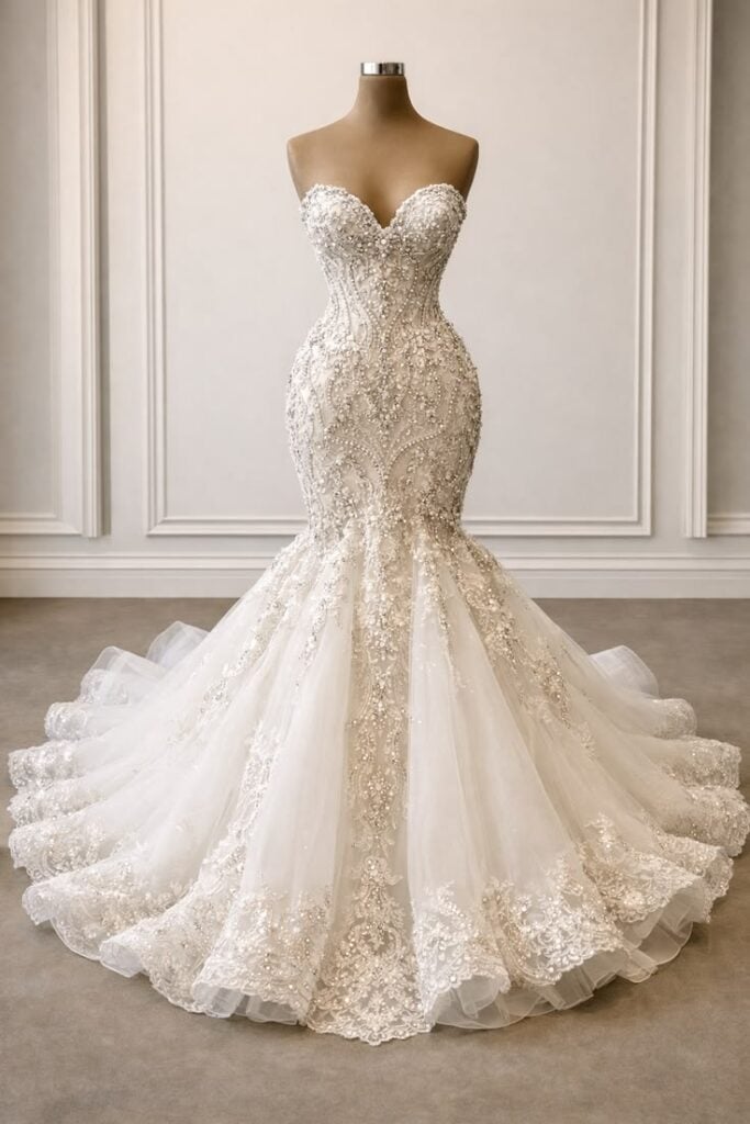Ivory Strapless Sweetheart Mermaid Wedding Dress With Beaded Lace Appliqué And Cathedral Train