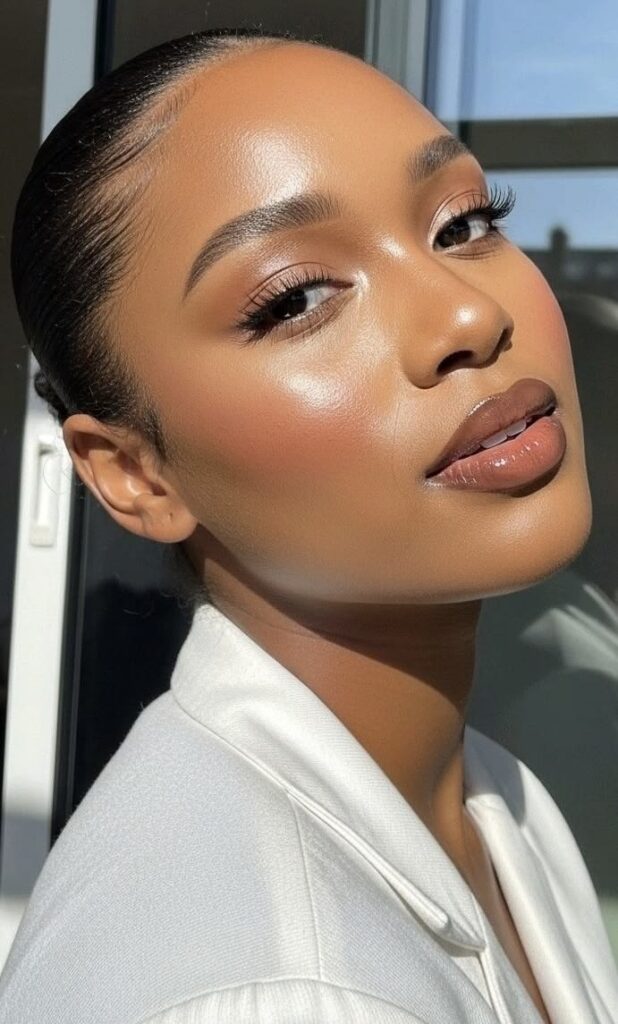 Woman with warm neutral makeup featuring soft brown eyeshadow, glowing skin, defined brows, subtle peach blush, and glossy nude lips with a sleek pulled-back hairstyle.