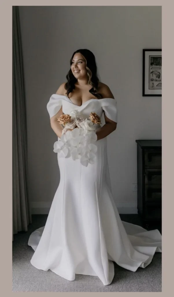 A bride on her wedding dress