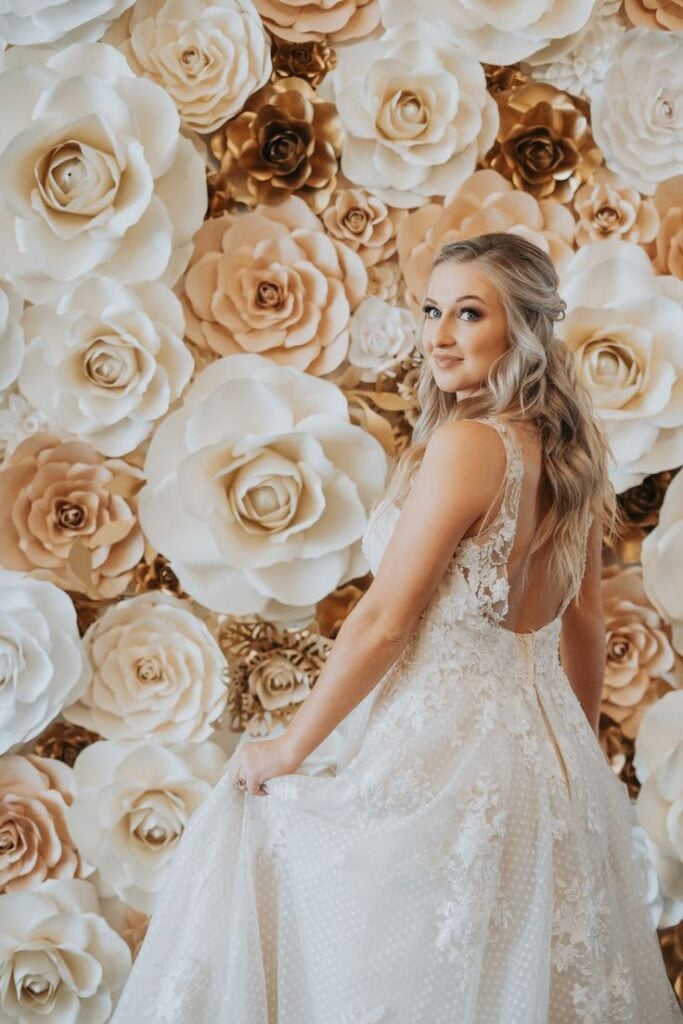 A beautiful bride on her wedding dress
