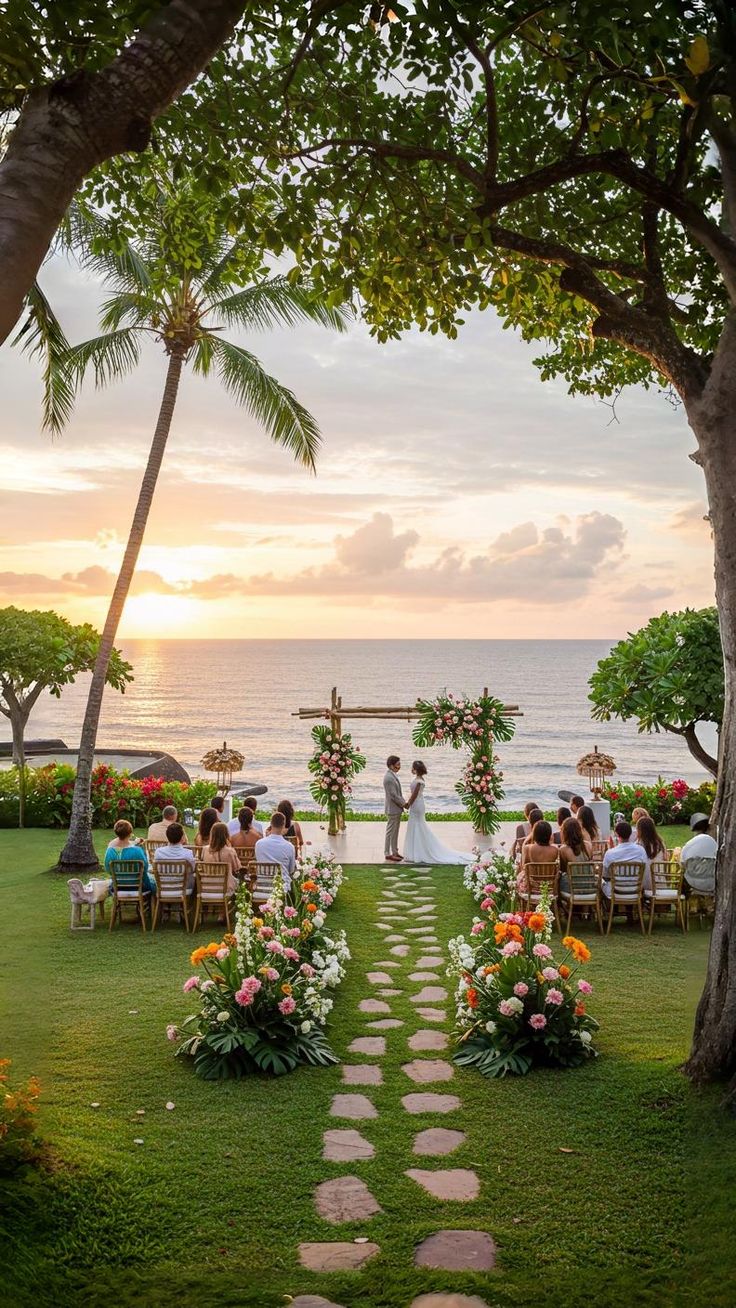 A wedding ceremony, bride and groom exchanging vows in front of seated guests