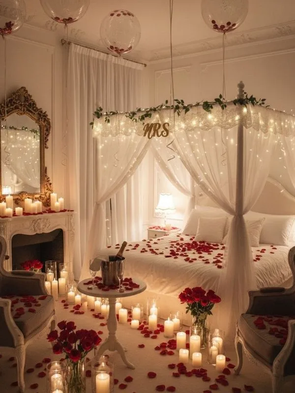 Romantic honeymoon room with a canopy bed decorated with rose petals, candles, balloons, fairy lights, and fresh red roses.