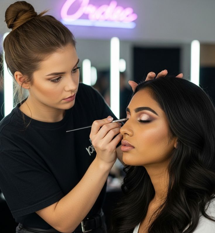 A bride having a makeup trial with her makeup artist before her wedding day