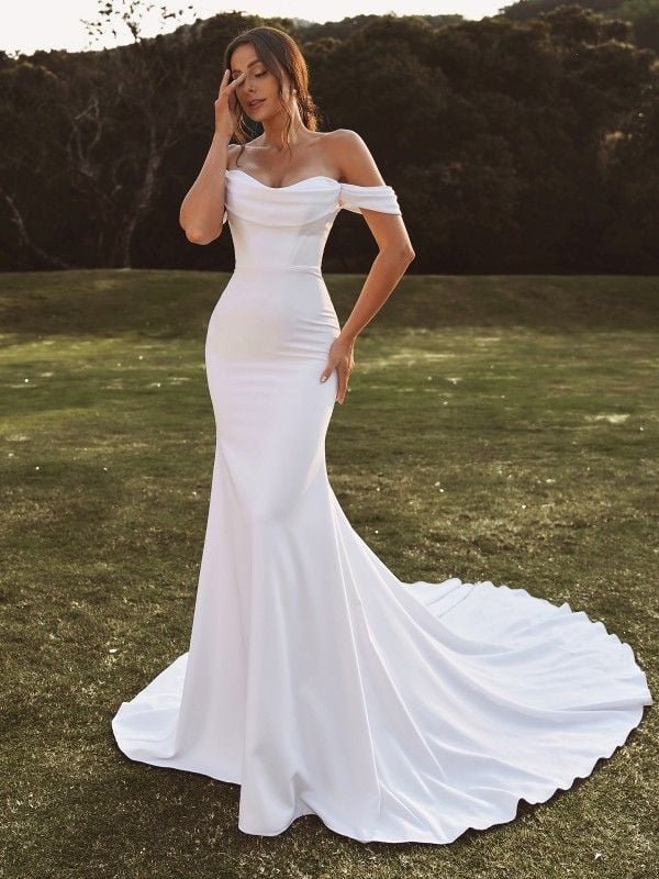 An off-shoulder Wedding dress