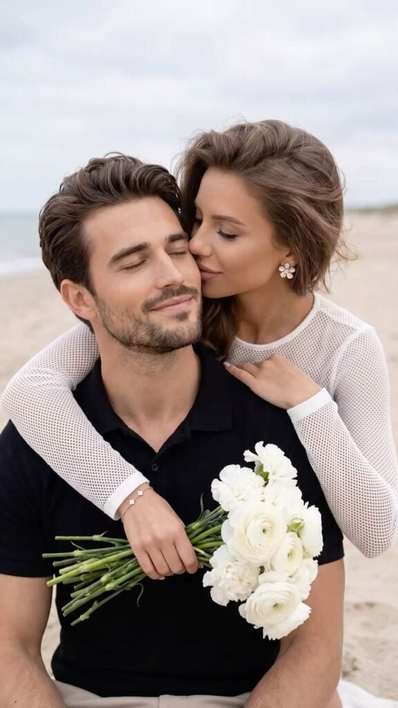 Couple sharing a loving moment on the beach, with the woman embracing her partner from behind while holding a bouquet of white flowers.