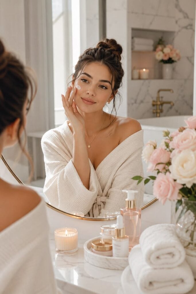 A lady checking out her flawless skin in the mirror
