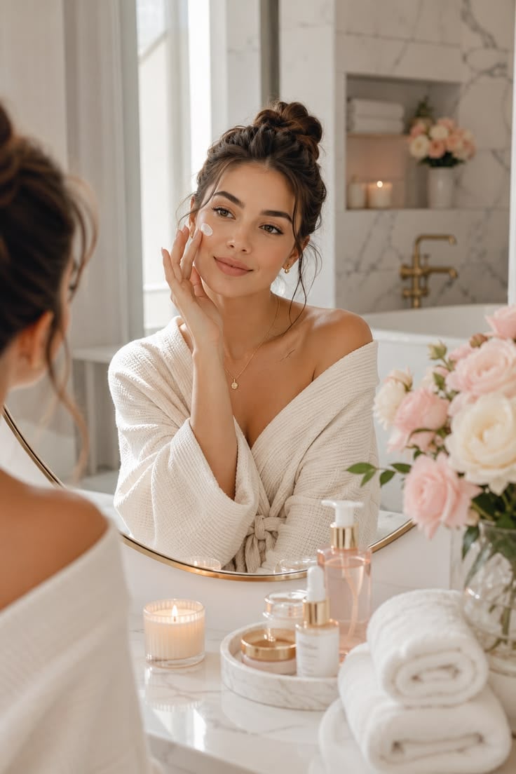 A lady checking out her flawless skin in the mirror