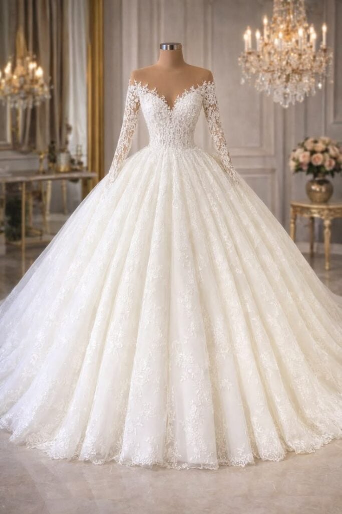  Timeless Royal wedding Ball Gown on a mannequin 