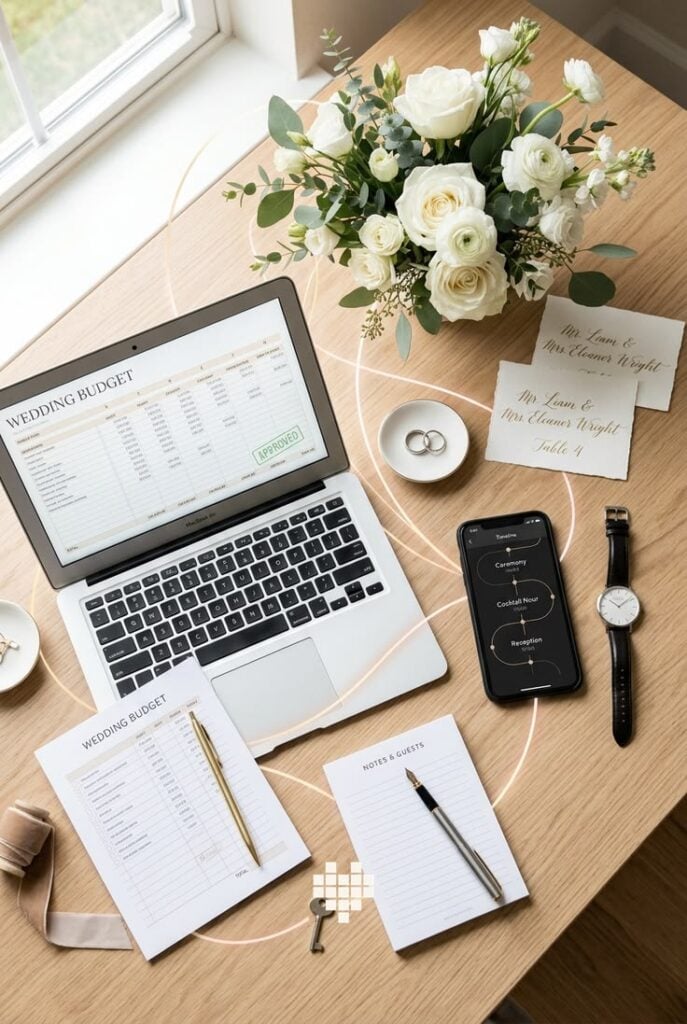 Wedding planning workspace with a laptop displaying a wedding budget spreadsheet, budget checklist, guest notes, wedding rings, and fresh white flowers.