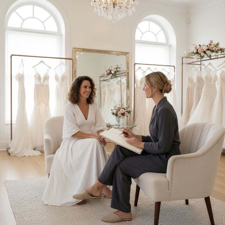 A bride having a meeting with her stylist for her wedding dress