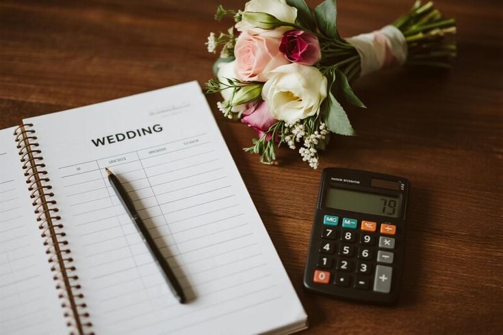 A notebook written 'Wedding' and a biro placed on top of it with a calculator by the side
