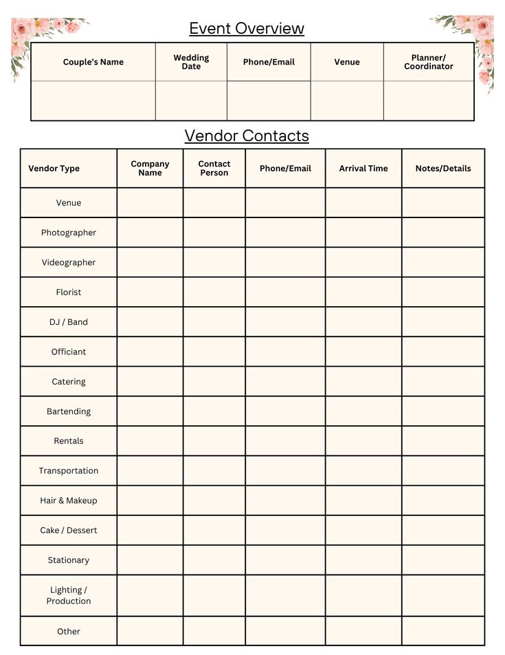 Wedding Vendor Contact List